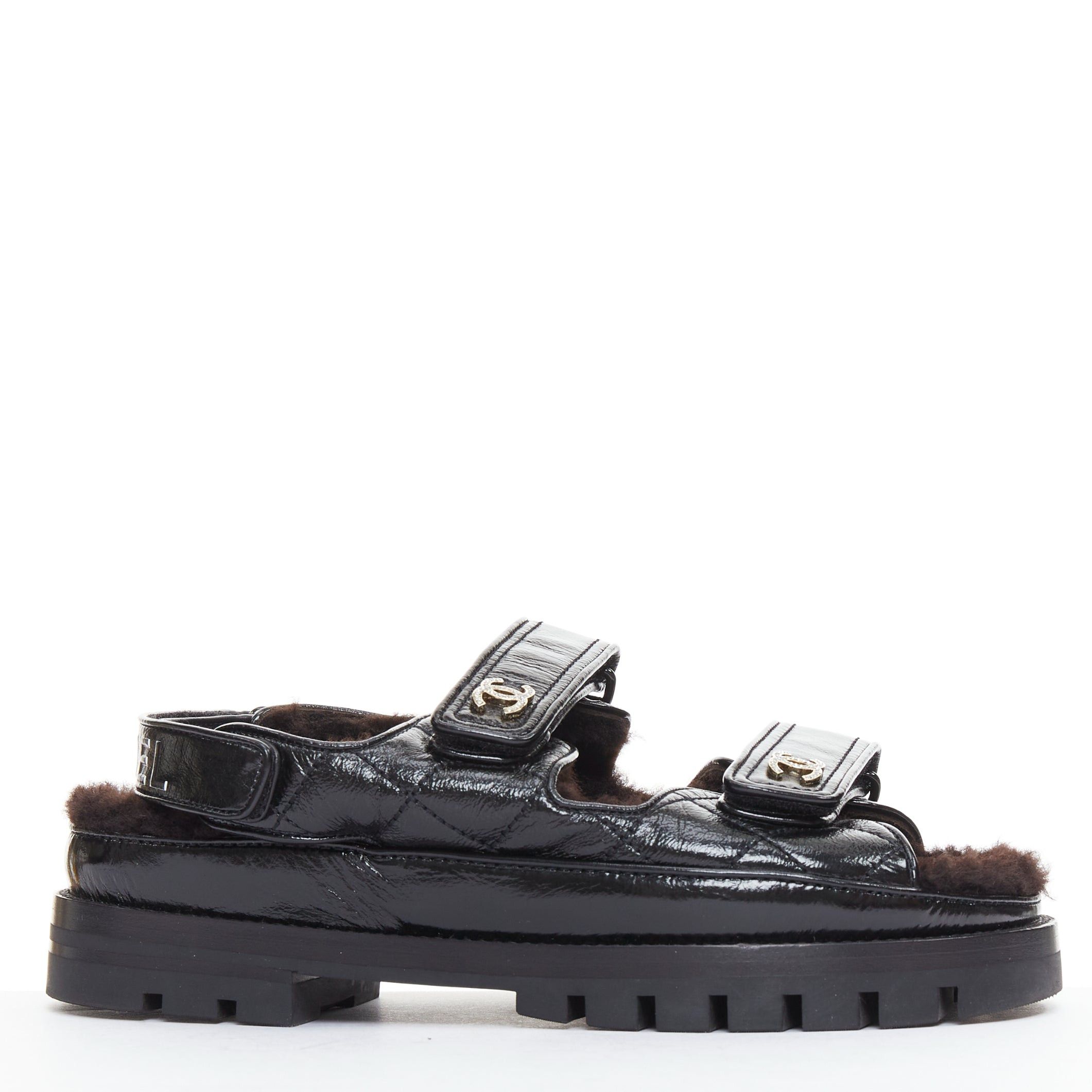 Chanel CHANEL 2023 black laminated lambskin shearling crystal CC dad sandals EU37 Size US 7 / IT 37 - 1 Thumbnail