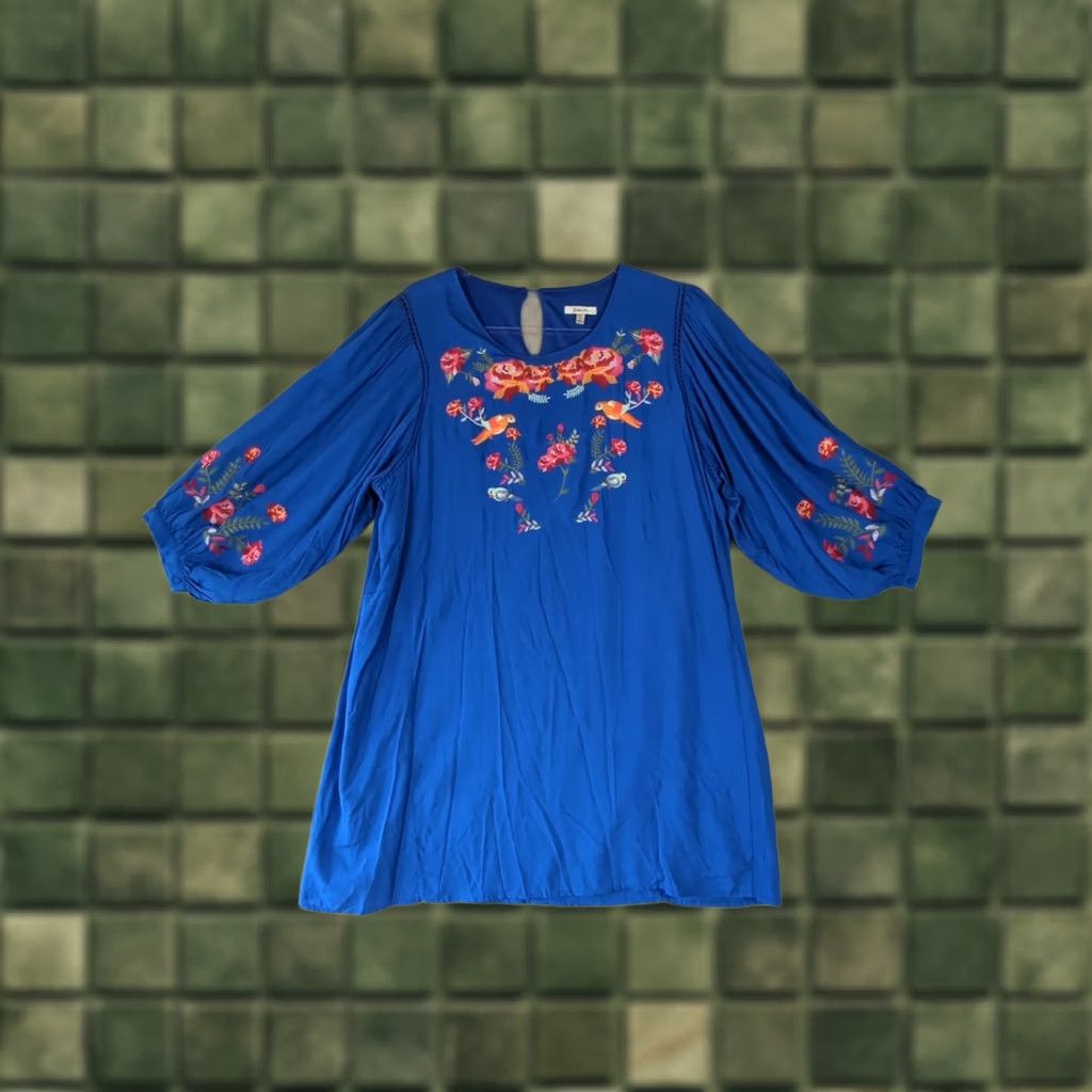 Anthropologie Jodifl Dress Blue Floral Embroidered 3/4 Puff Sleeve Round Neck Short Shift Rayon Machine Washable Casual Womens M Size M / US 6-8 / IT 42-44 - 1 Thumbnail