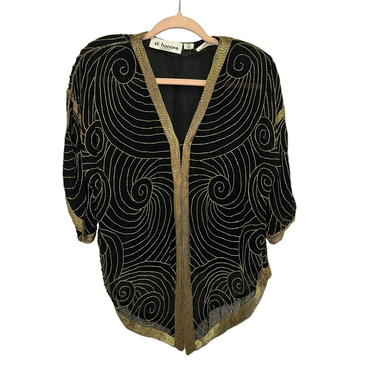 Vintage St. Honore Vintage Black & Gold Silk Beaded Jacket Top Size M / US 6-8 / IT 42-44 - 1 Thumbnail