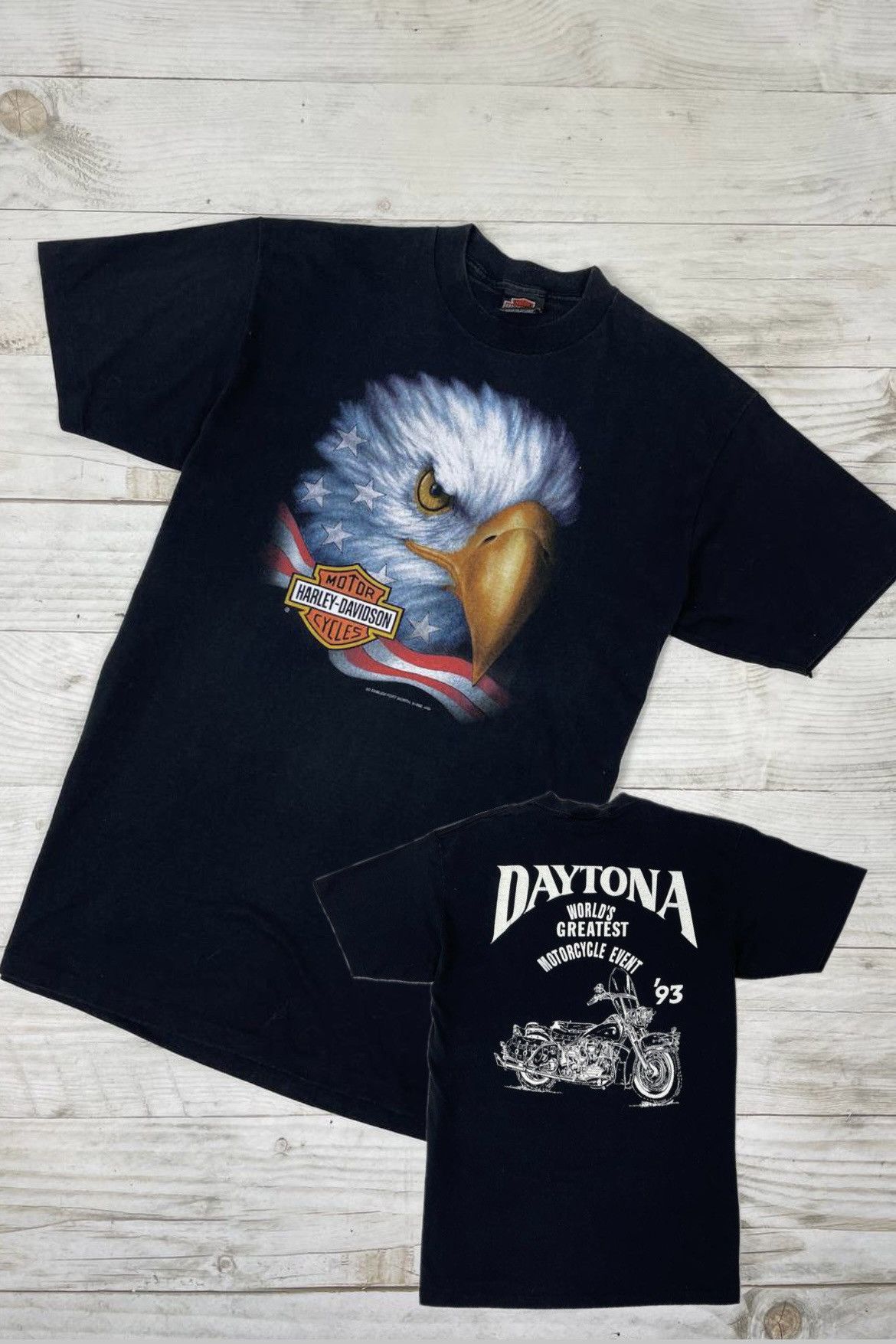 image of Vintage 1992 Harley Davidson Eagle 3D Emblem T-Shirt Y2K in Black, Men's (Size XL)