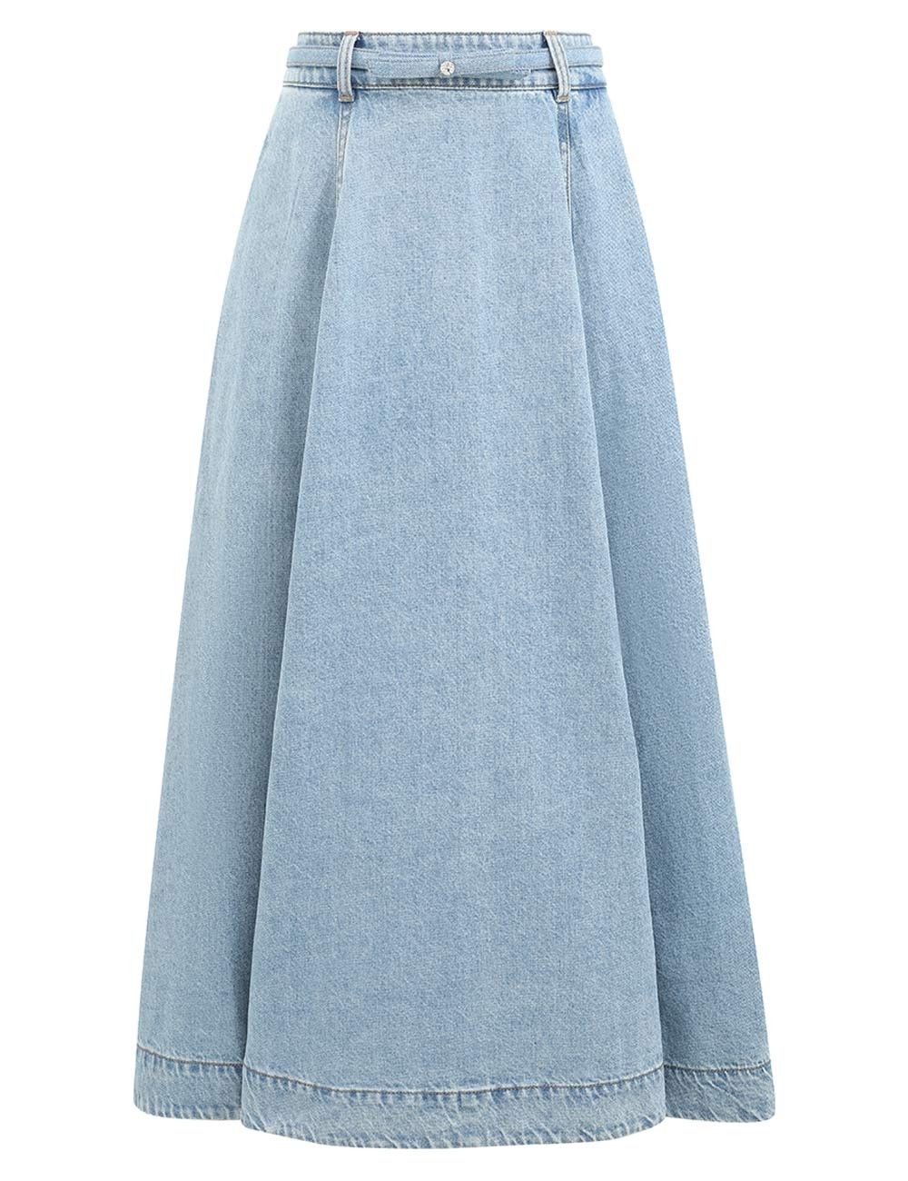 oc11z1025 Crush Denim Full Midi Skirt in Blue