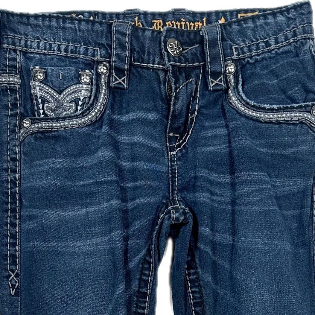 Vintage Rock Revival Jeans Bootcut Womens Rhinestone Embroidered Denim Size 28 Blue 5-Pocket Slim Rise Mid Inseam 36 Size 28" / US 6 / IT 42 - 3 Thumbnail