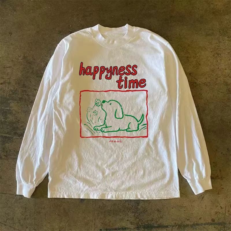 Vintage White retro cartoon puppy print long-sleeved t-shirt Size US M / EU 48-50 / 2 - 1 Thumbnail