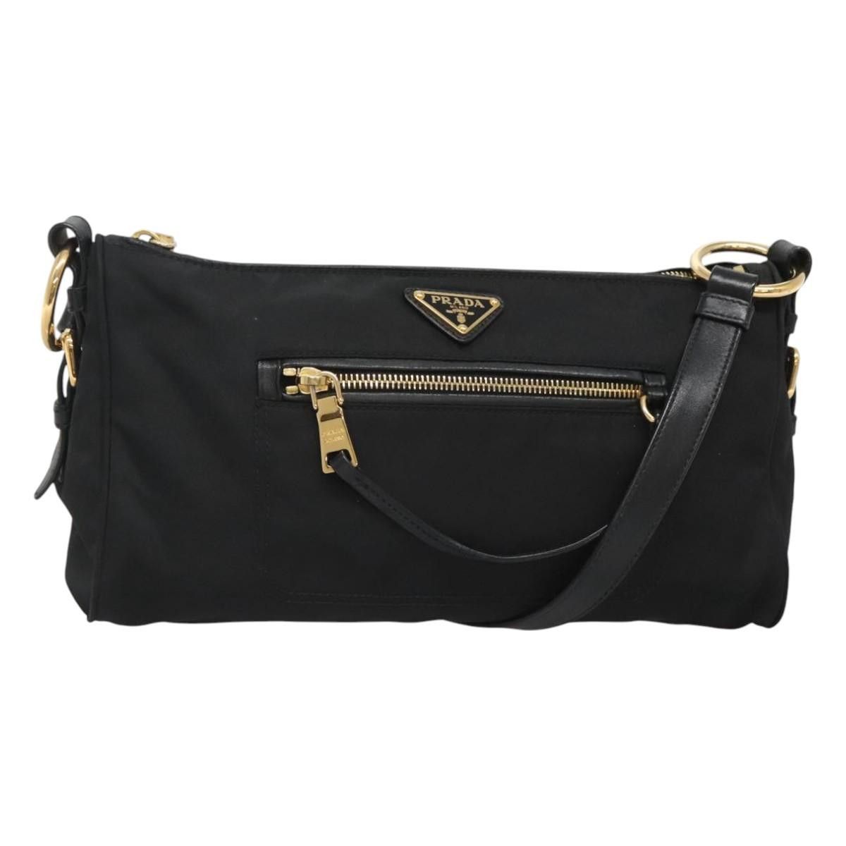 Prada Shoulder Bag Nylon Black Gold Auth 120958, Women's