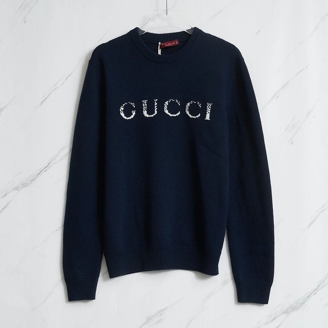 Gucci Gucci Men's Navy Letter Intarsia Wool Sweater Size US M / EU 48-50 / 2 - 1 Thumbnail