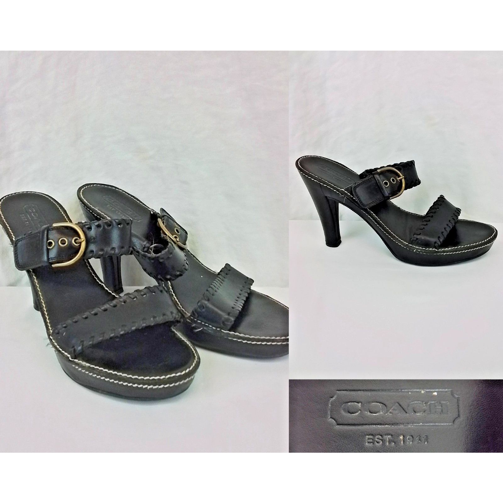 Coach Coach Leather Sandal Heels US 8B Black W/ Stitching & Buckle Size US 8 / IT 38 - 1 Thumbnail