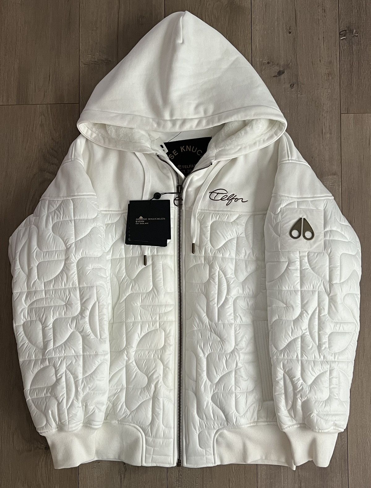 image of Moose Knuckles White Zip Up Lined Jacket, Men's (Size Large)