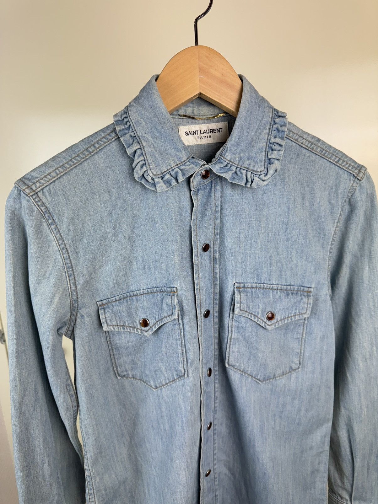 Saint Laurent Paris SAINT LAURENT Denim Light Blue Button Shirt Western Cowboy Size XS / US 0-2 / IT 36-38 - 14 Thumbnail