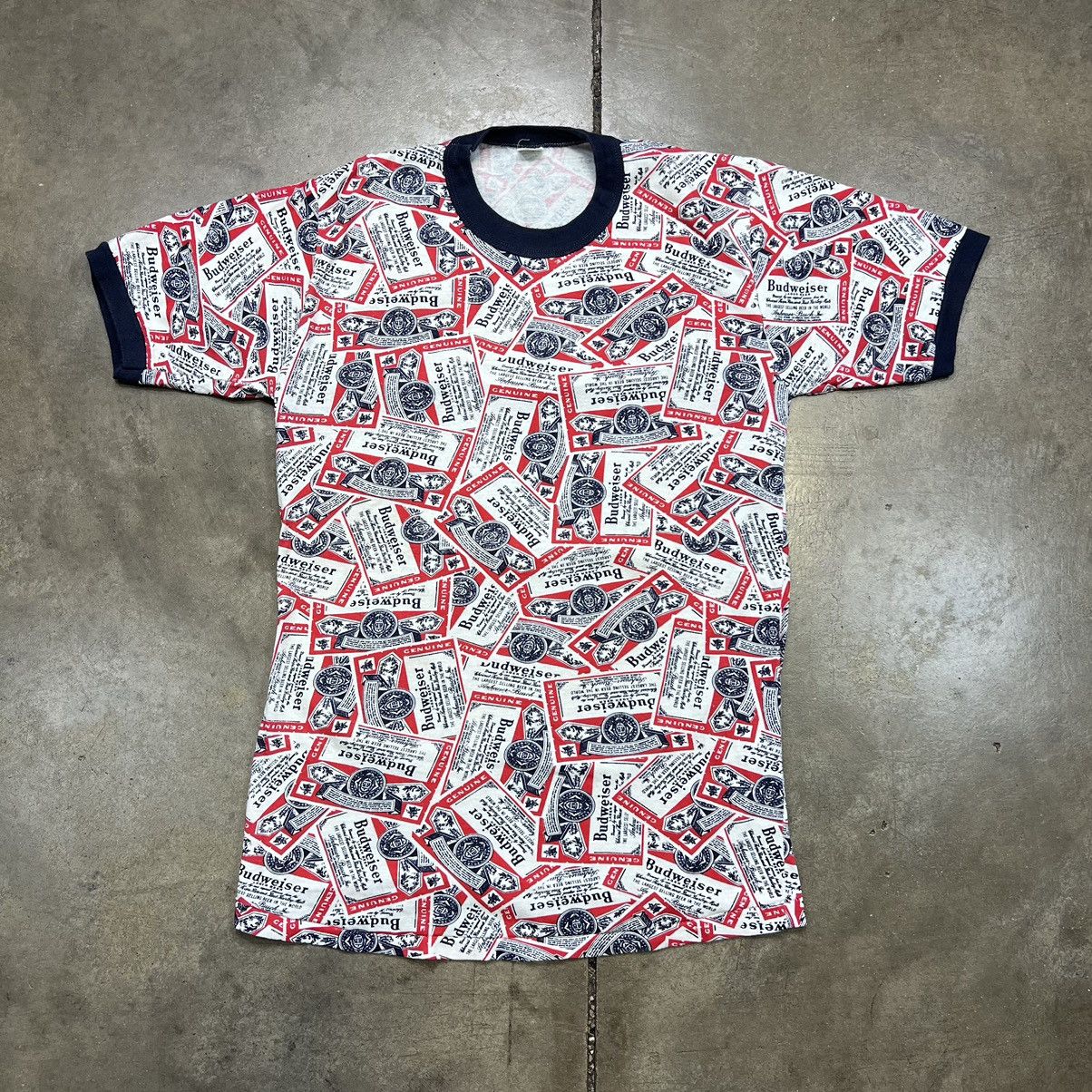image of Vintage 70's Budweiser Beer Aop Spell Out Graphic Tee Ringer in White, Men's (Size Large)