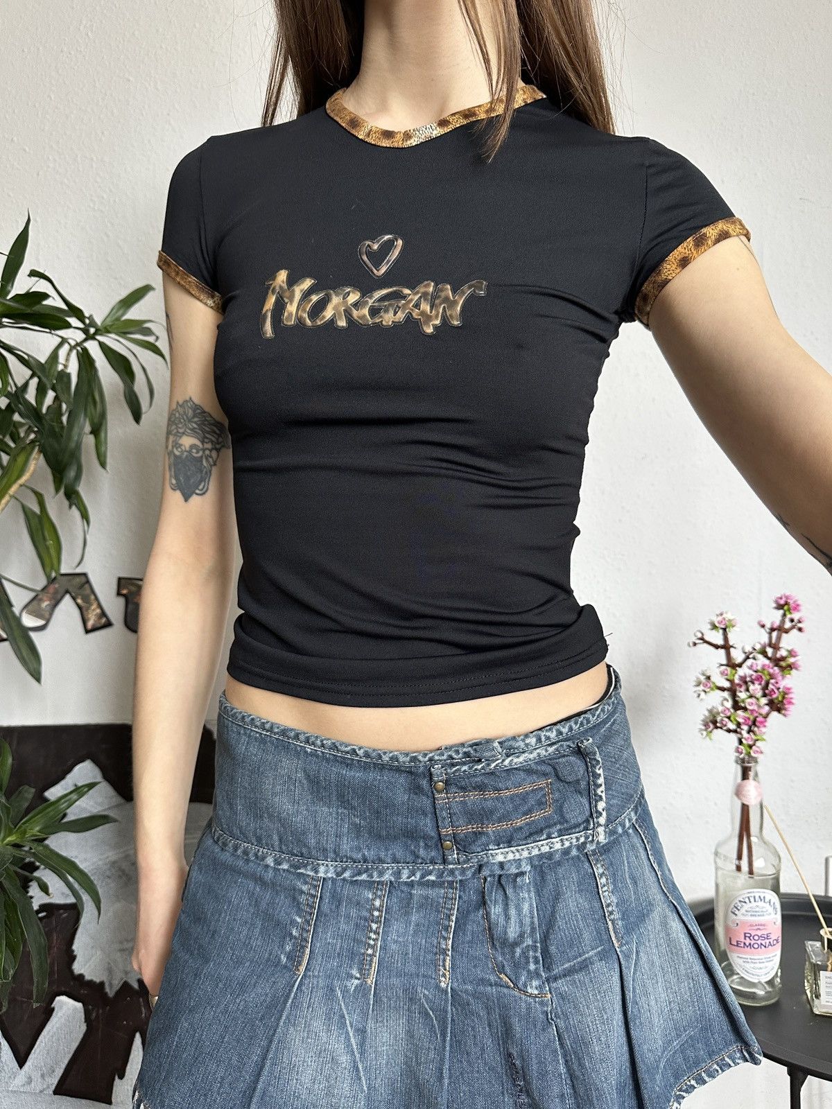 Japanese Brand × Morgan Homme Vintage Morgan De Toi Leopard Logo Baby Tee Top Size XS / US 0-2 / IT 36-38 - 2 Thumbnail