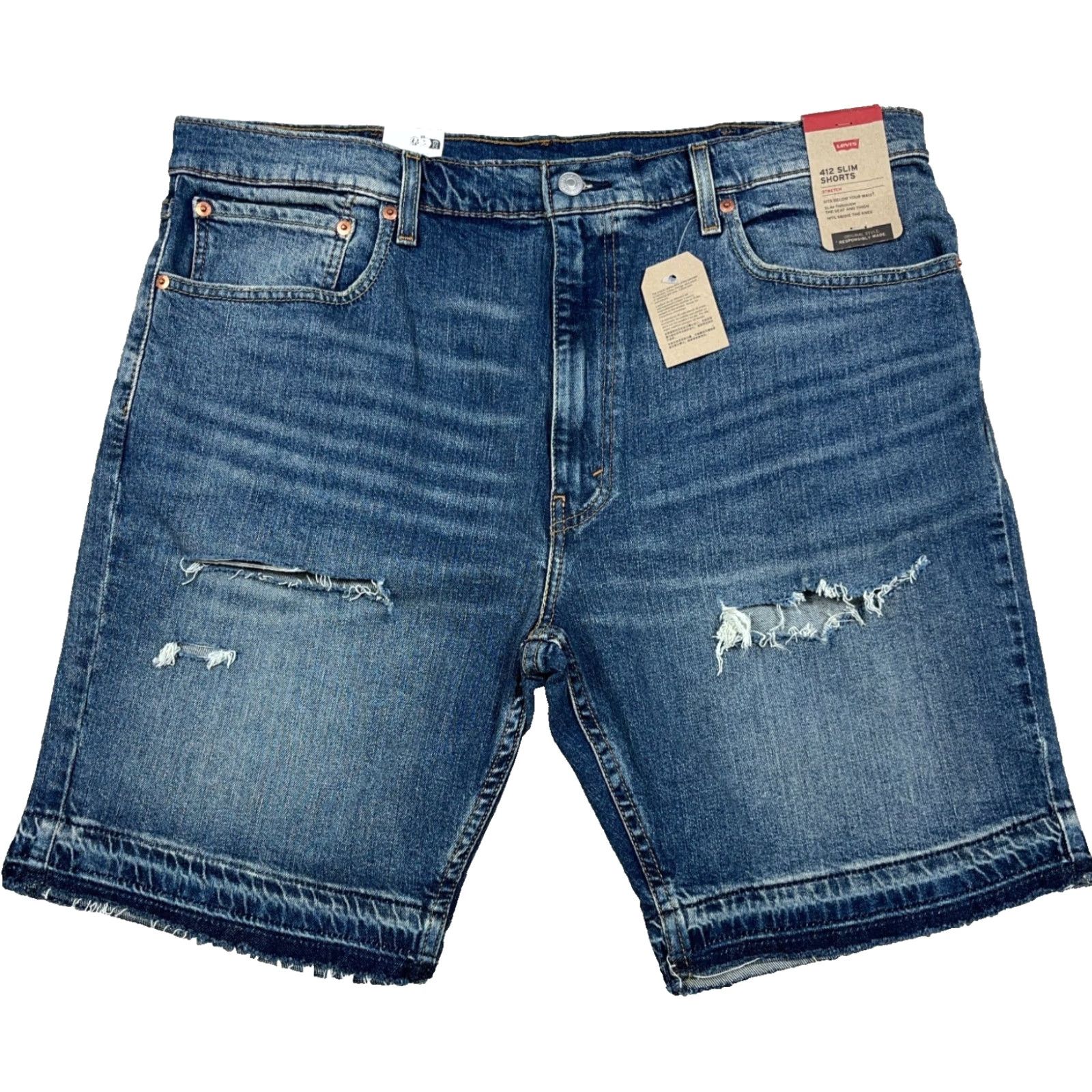 Levi's Levi's 412 Shorts Men Slim Fit Denim Blue 40 Med Wash Distressed 5-Pocket Bermuda Zip Front Casual Jeans Shorts Size US 40 / EU 56 - 2 Thumbnail