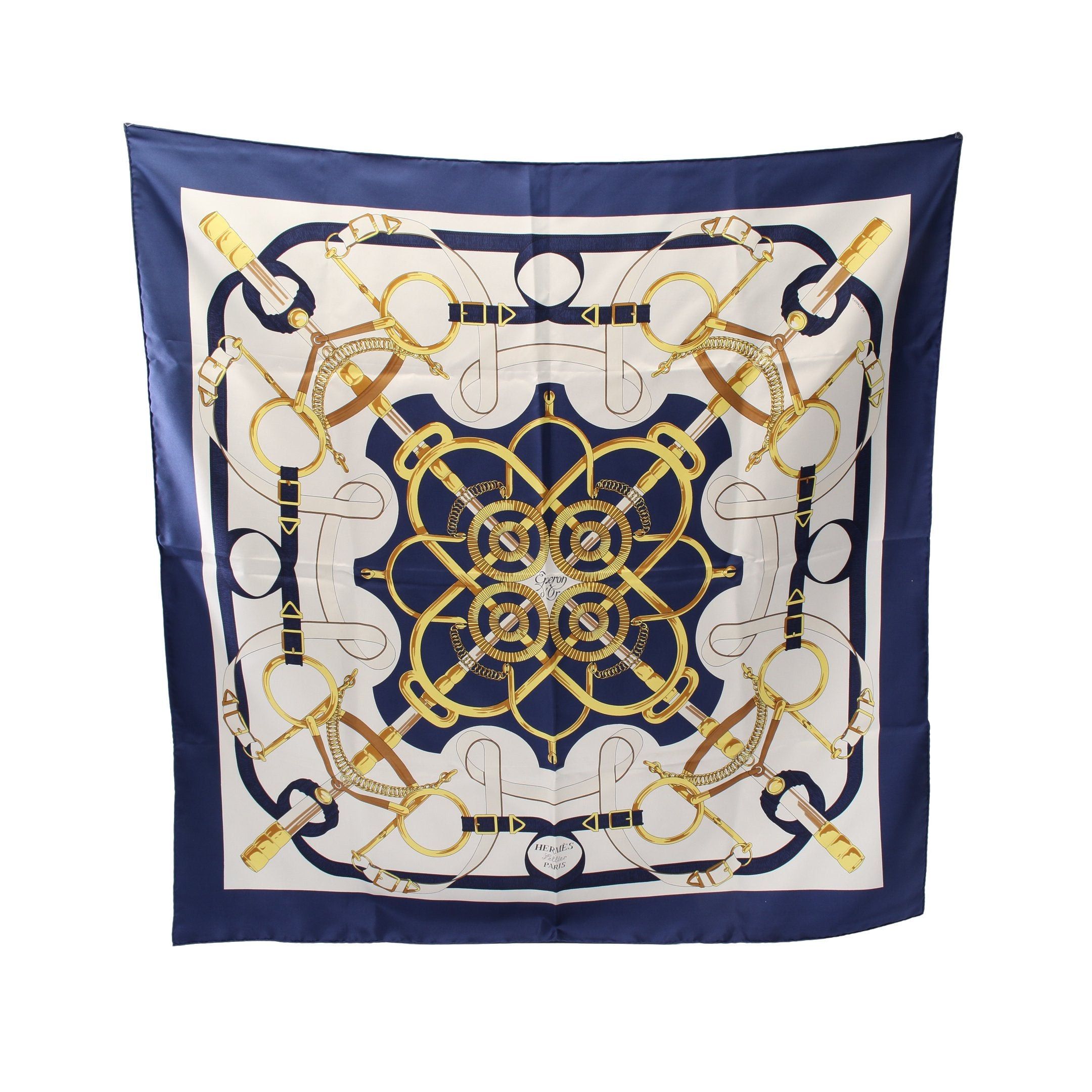 Hermes Hermes Carres 90 Eperon Scarf Silk White Navy Yellow Size ONE SIZE - 1 Thumbnail