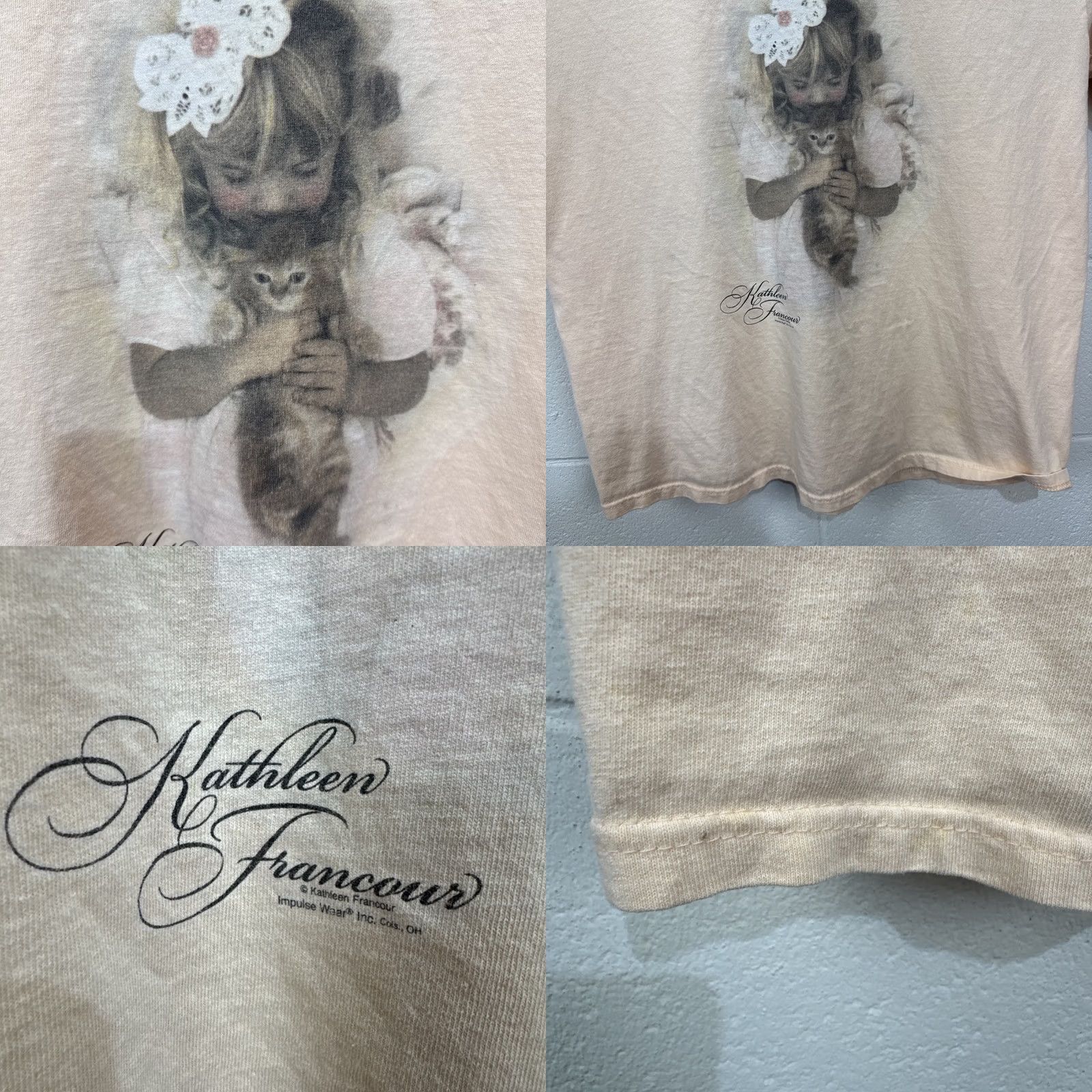 Anvil VINTAGE Kathleen Francour T Shirt Art Tee Women's XL Kitten Girl Peach Cat Flower Graphic Print Anvil Daisy Size XL / US 12-14 / IT 48-50 - 8 Thumbnail