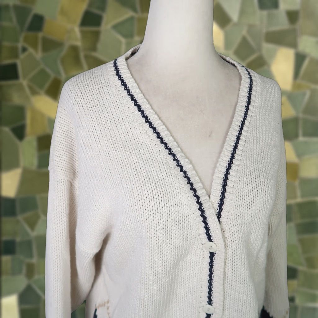 Vintage VINTAGE 90s cardigan sweater Argyle Knit Cotton L Cream Navy Cardigan Womens Long Sleeve V-Neck Fall Spring Knits Size L / US 10 / IT 46 - 1 Thumbnail