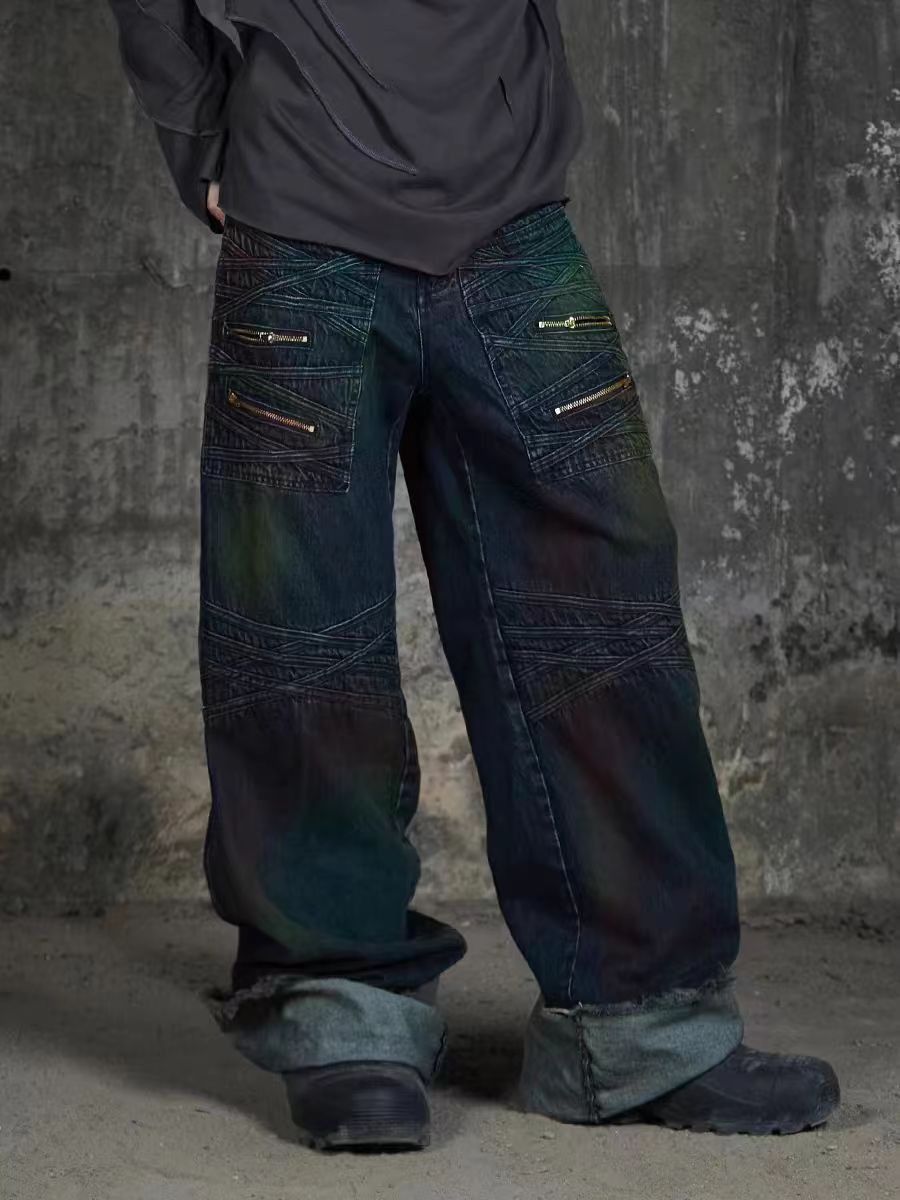 image of Street Design Airbrushed Heavy Wash Baggy Jeans in Blue, Men's (Size 32)