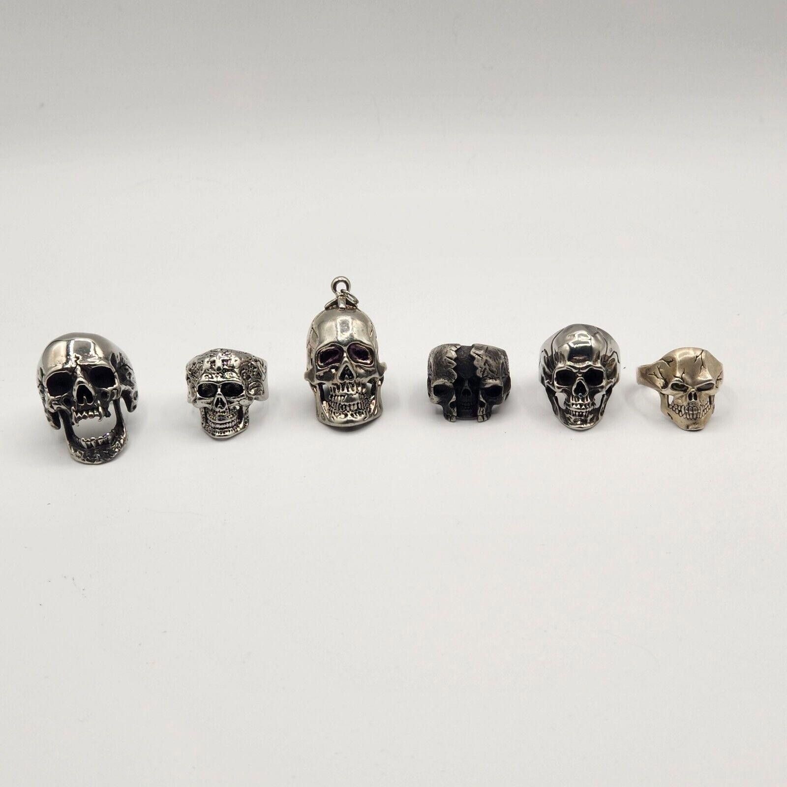 Designer Stainless Skull Rings Lot Of 5 And 1 Pendant Size ONE SIZE - 1 Thumbnail