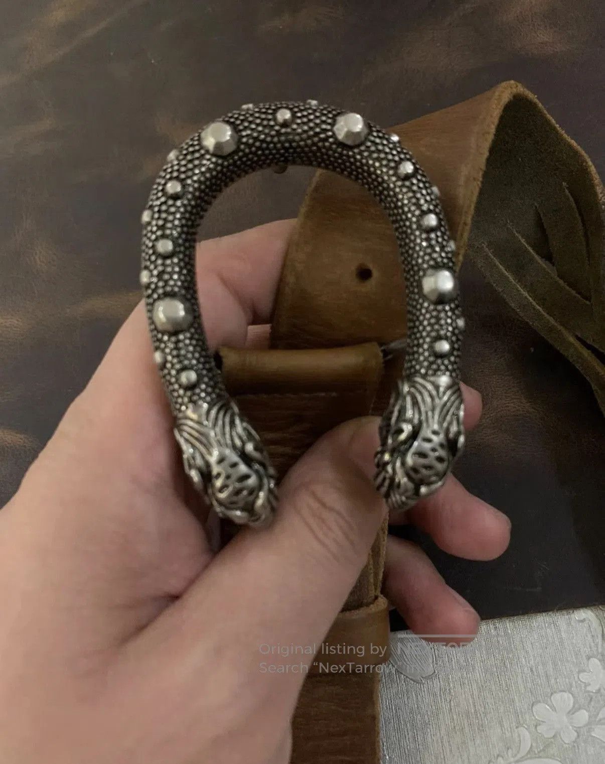 Gucci Beige Leather Belt with Ornate Silver Buckle. Size ONE SIZE - 6 Thumbnail