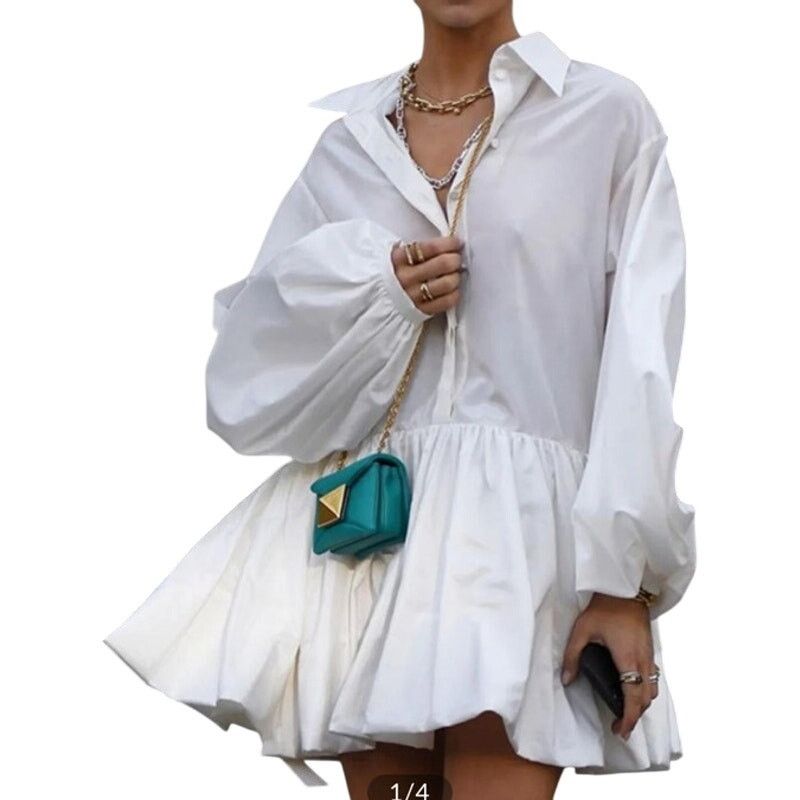 Other Commense White Pleated Long Sleeve Button Collar Mini Dress Size S / US 4 / IT 40 - 2 Thumbnail