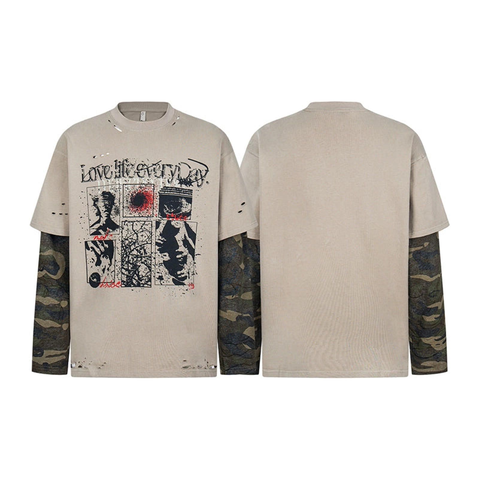 Japanese Brand Graphic Long Sleeve Layered T-Shirt, Camouflage Sleeves Size US L / EU 52-54 / 3 - 3 Thumbnail