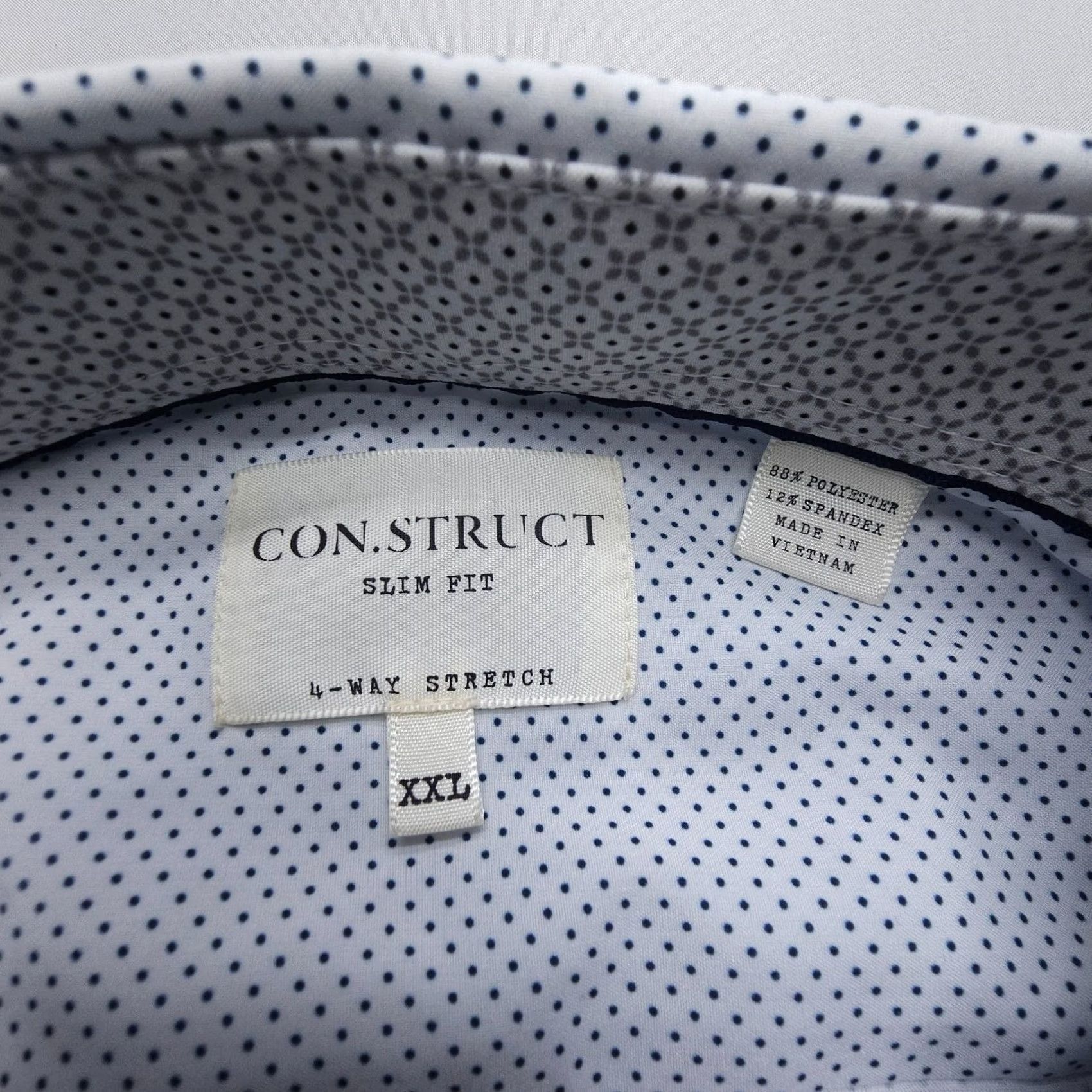 Vintage Con.Struct Dress Shirt Mens 2XL Slim White Polka Dot 4 Way Stretch Button Cuff Pattern Sleeve Long Shirt Size 48R - 3 Thumbnail