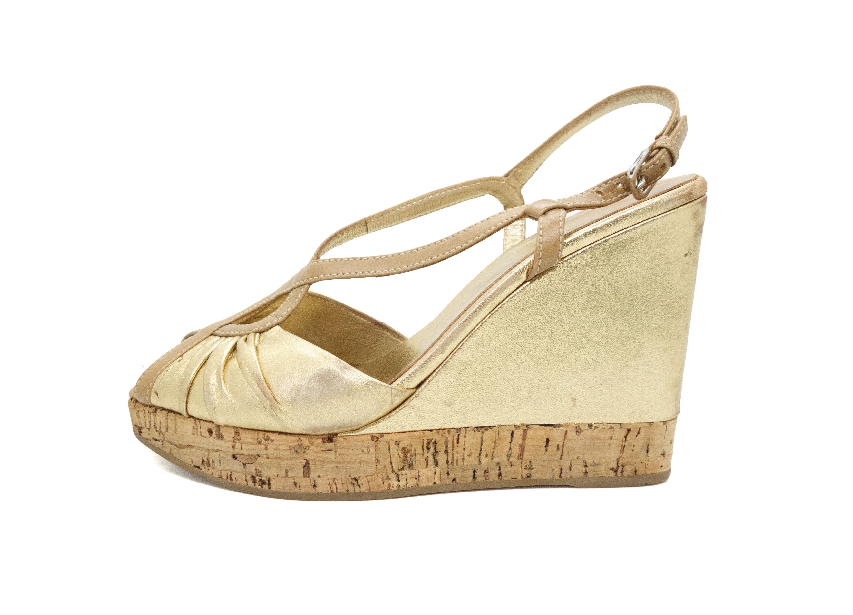 Prada 00s Metallic Cork Wedge Strappy Peep Toe Heels y2k Size US 9 / IT 39 - 2 Thumbnail