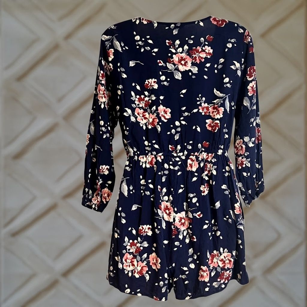 Vintage Cape Juby Floral Romper 3/4 Sleeve Navy Blue Pink Short Jumper Size M Size M / US 6-8 / IT 42-44 - 1 Thumbnail