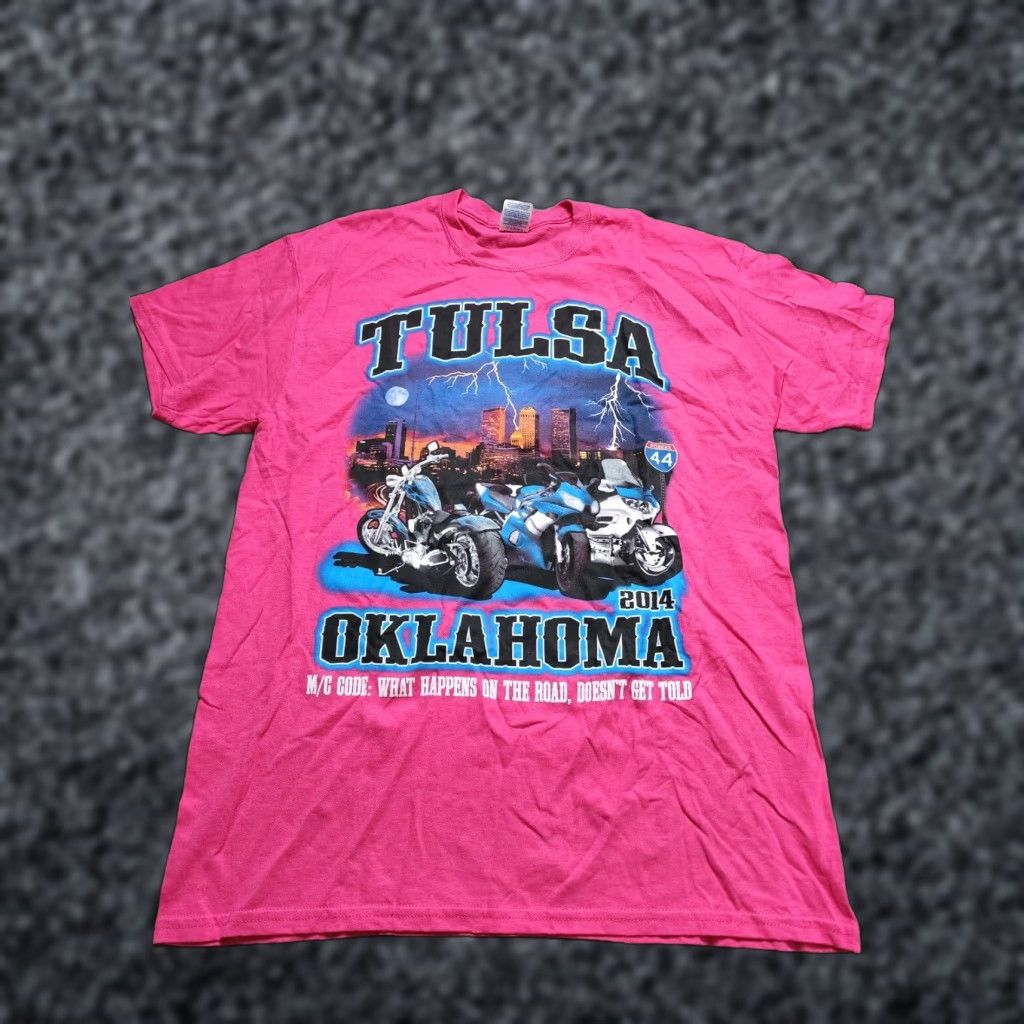Gildan Mens L Shirt 2014 Motorcycle Route 44 Tulsa OK Double Sided Pink Size US L / EU 52-54 / 3 - 1 Thumbnail