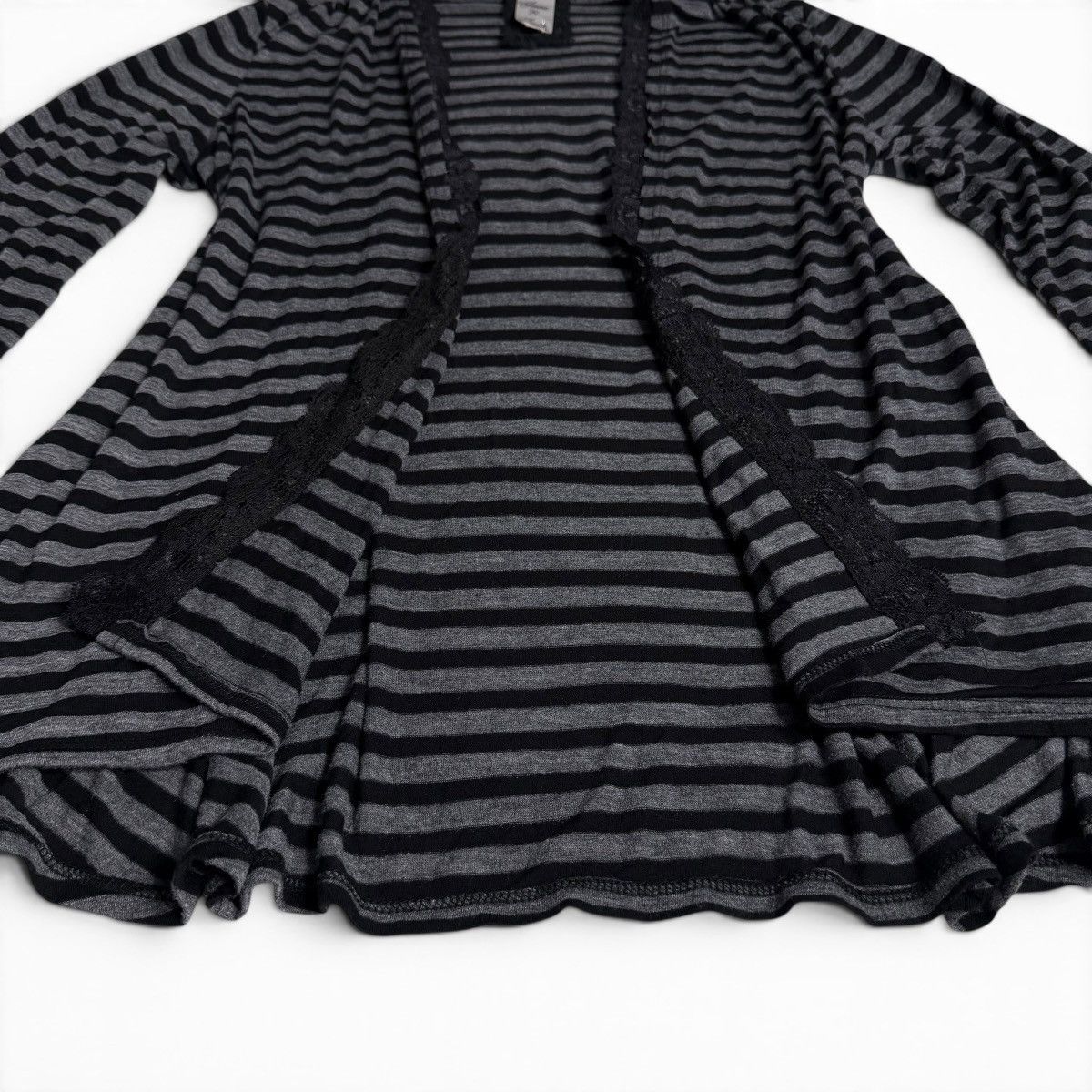 Other Mall Goth Black & Gray Striped Open Front Lace Trim Cardigan Size M / US 6-8 / IT 42-44 - 2 Thumbnail