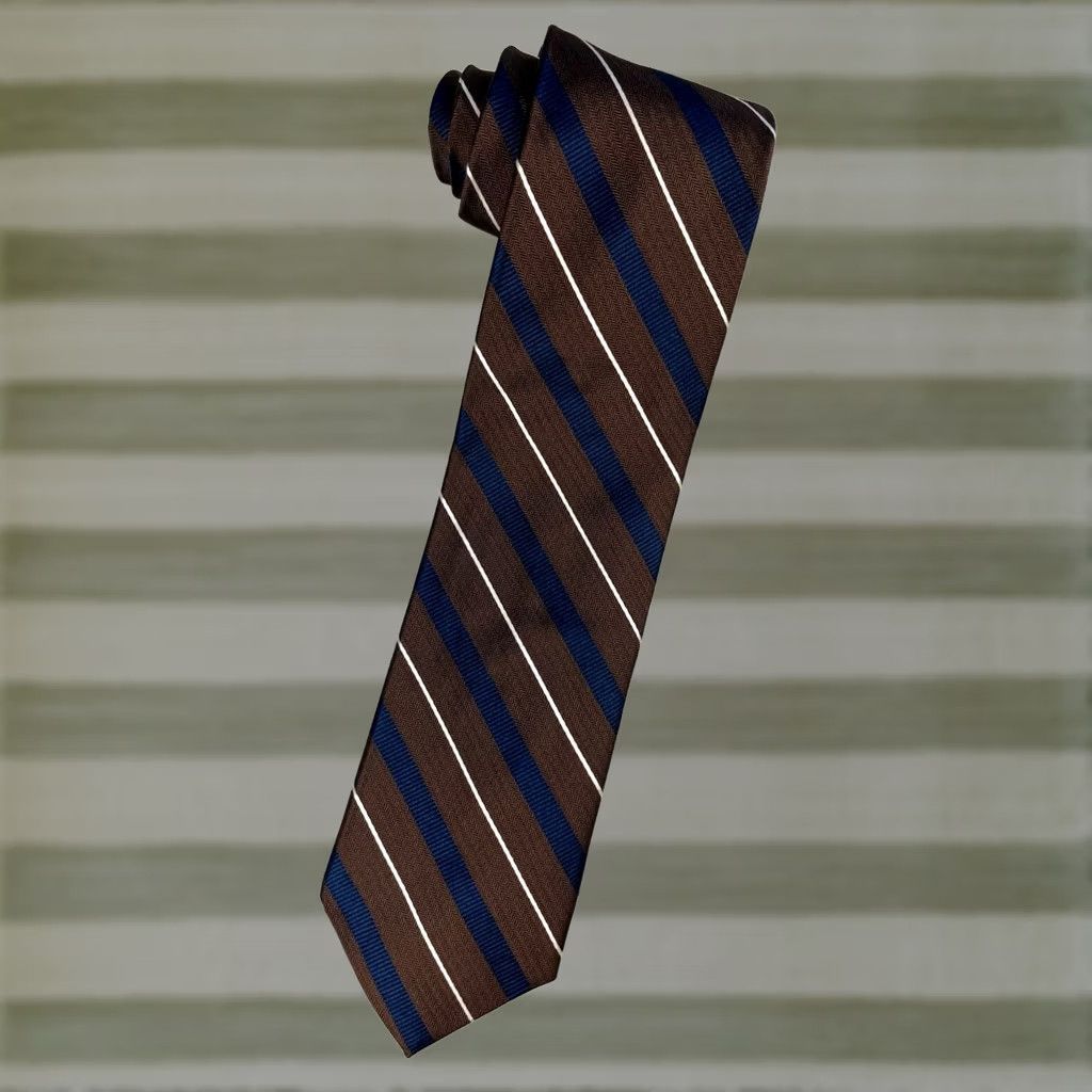 Vintage Hickey Freeman Men's Luxury Silk Tie Hand Made in USA Fabric Woven in Italy Striped 100% Silk 58" 3.5" Brown Size ONE SIZE - 1 Thumbnail