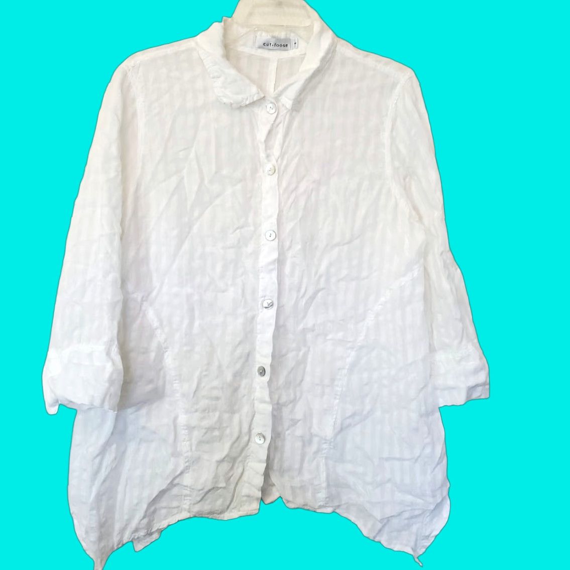 VINTAGE Cut Loose Women's Button-Up Shirt White Striped 3/4 Sleeve