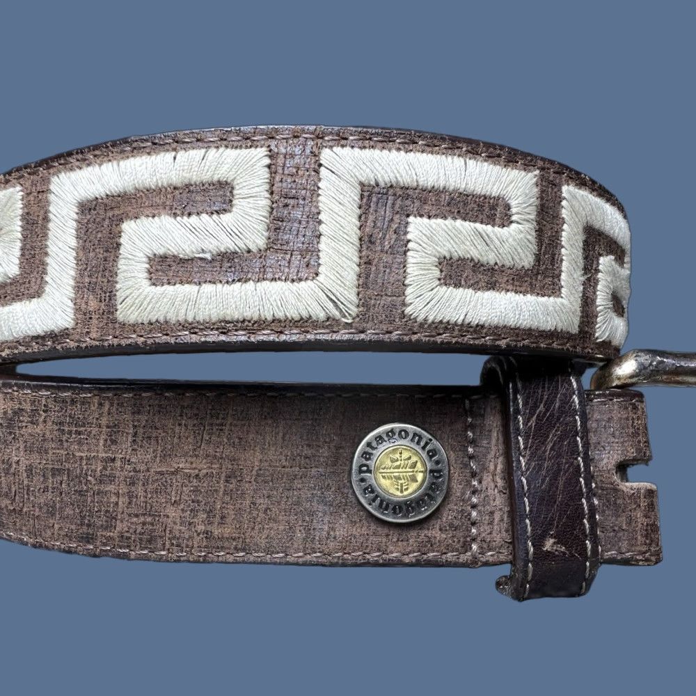 Patagonia VINTAGE Patagonia Belt Leather Brown 32 Men Mens 1.25” Wide Brass Hardware Greek Sand Pattern READ* Size 32 - 1 Thumbnail