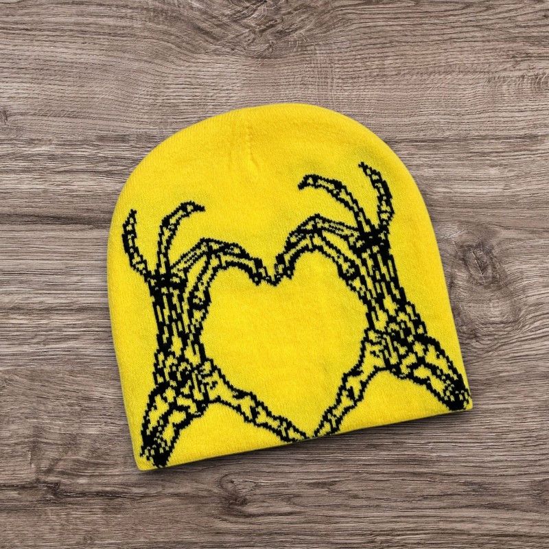 Other Y2K SKULL Heart Hands Beanie | ALT Grunge Punk Yellow Hat Size ONE SIZE - 1 Preview