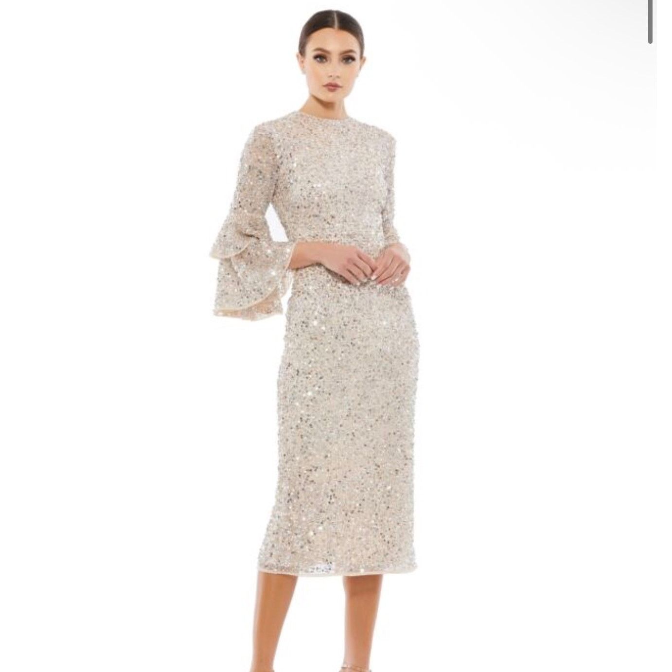 $458 Mac Duggal 10802 Bell Sleeve Sequin Dress Sz 2 Nude in Beige, Women's (Size Xs)