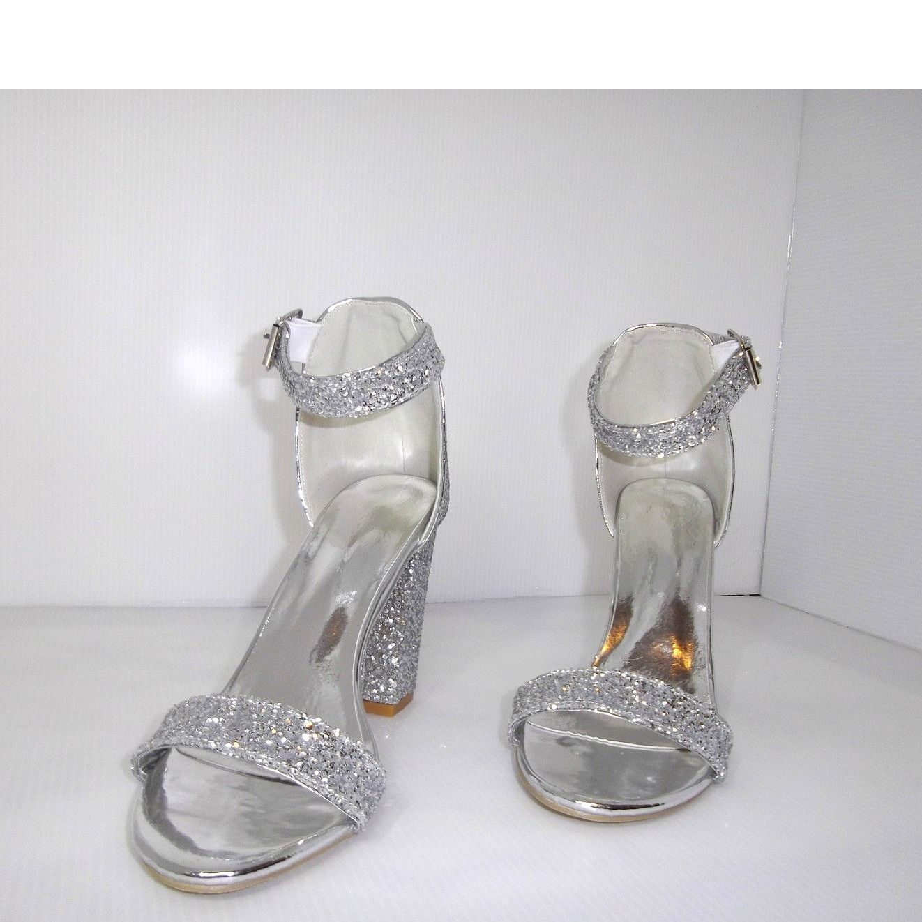 Other Sliver Glitter Open Toe Ankle Strap 4" Chunky Block Heel Size US 8.5 / IT 38.5 - 3 Thumbnail