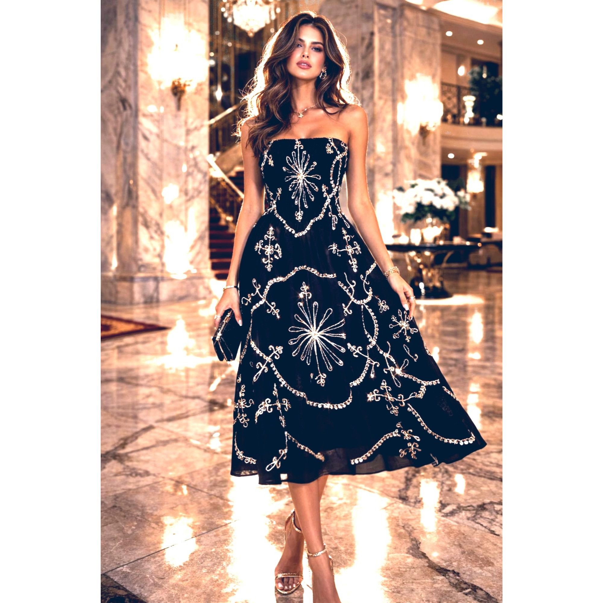 Other Black Strapless Smocked Embroidered Sequin Midi Dress Gold S Size S / US 4 / IT 40 - 1 Thumbnail