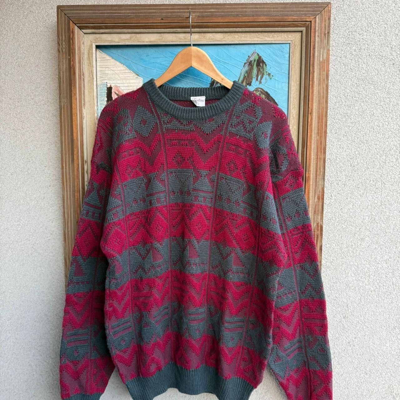 Vintage Vintage 90s Wool Jumper Grey Burgandy Size US L / EU 52-54 / 3 - 4 Thumbnail