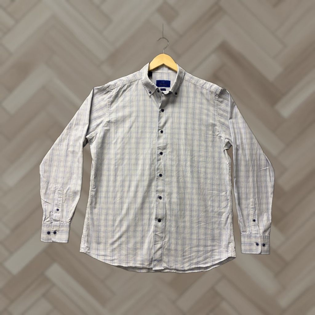 David Donahue VINTAGE David Donahue Dress Shirt Men 17 Blue Gingham Formal Business Casual Classic Fit Size 46R - 1 Thumbnail