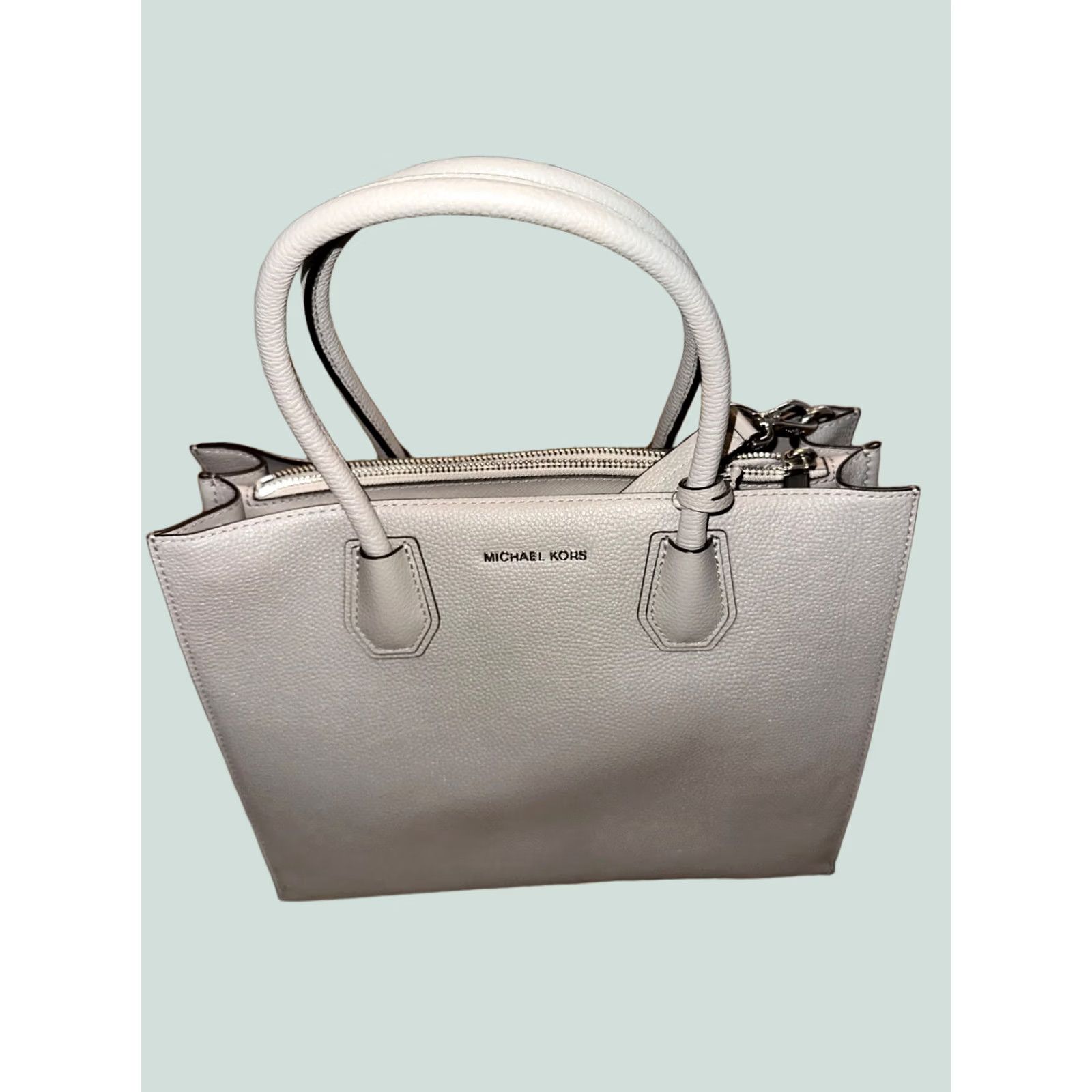 Michael Kors Michael Kors Mercer Pearl Gray Convertible Pebbled Leather Accordion Tote Bag Women Size ONE SIZE - 1 Thumbnail