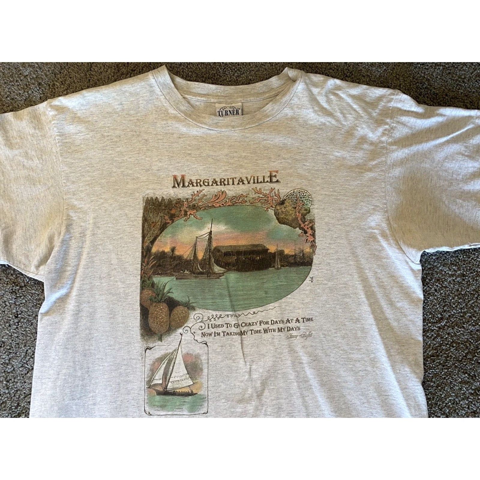 Vintage VINTAGE Turner Originals Single Stitch Mens XL Jimmy Buffet Margaritaville T-Shirt Gray 90s Beach Band Classic Hipster Hippie Music Mens Size US XL / EU 56 / 4 - 5 Thumbnail