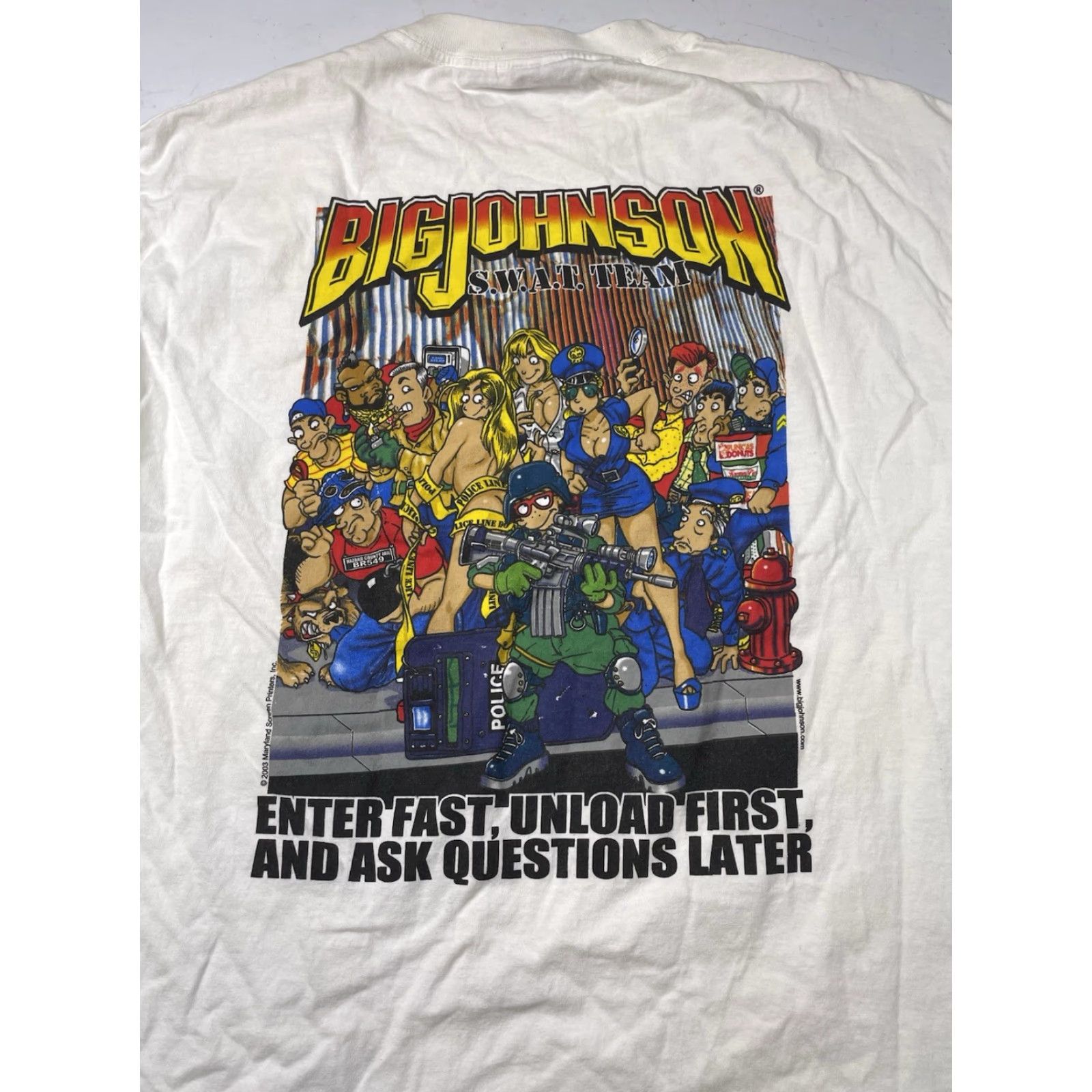 Big John VINTAGE Big Johnson SWAT Team Sex Joke T-Shirt Mens L White Cotton Crew Neck Short Sleeve Graphic Print 2003 USA Fantasy Fire Funny Novelty Size US L / EU 52-54 / 3 - 2 Thumbnail