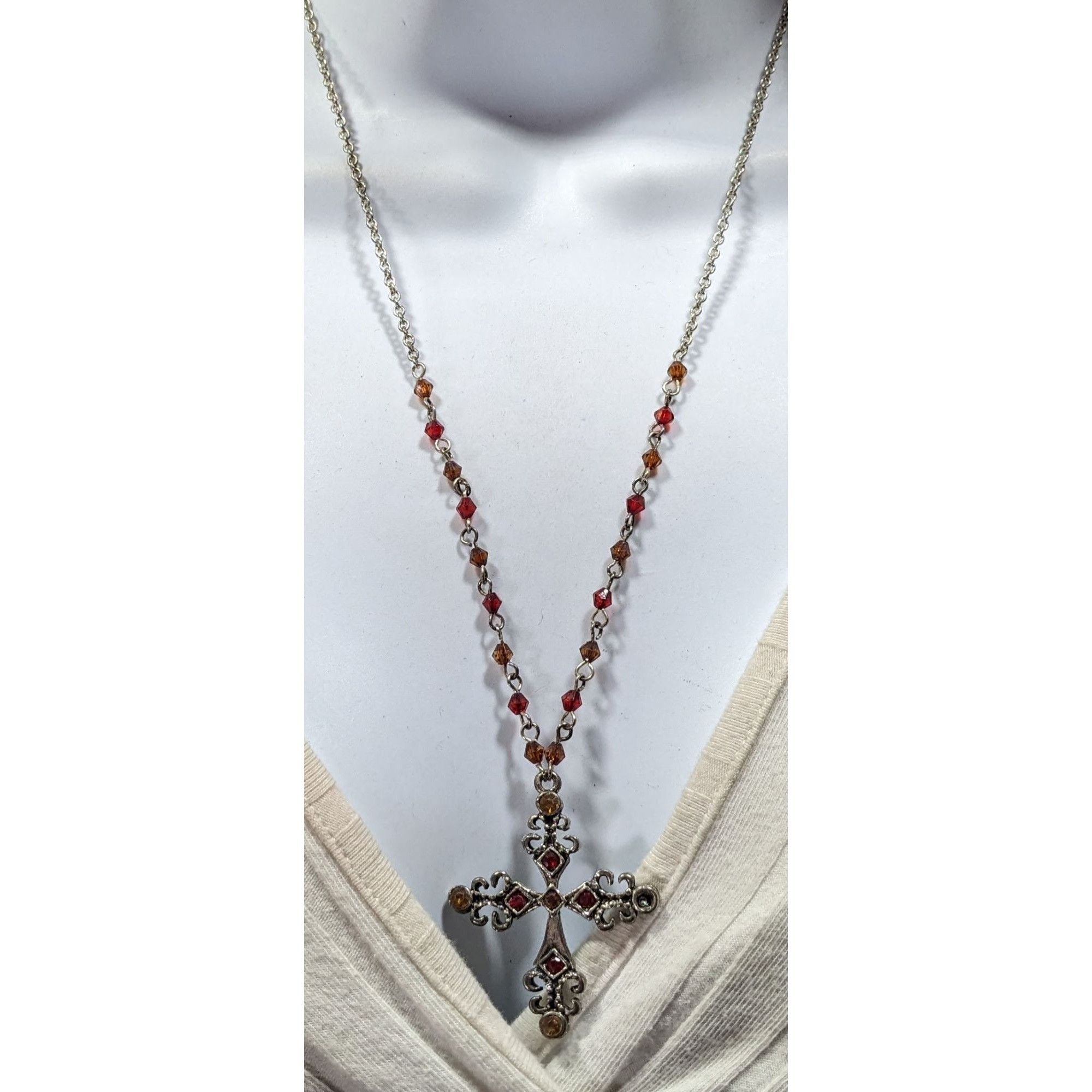 Other Gothic Medieval Red And Yellow Beaded Silver Tone Cross Neck Size ONE SIZE - 2 Thumbnail