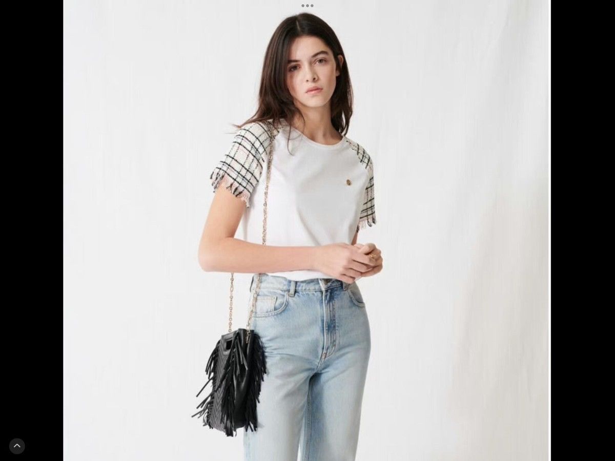 Maje Maje Paris Tweed-Sleeve Tee in Ecru MSRP$155 Parian Chic Size XS / US 0-2 / IT 36-38 - 3 Thumbnail