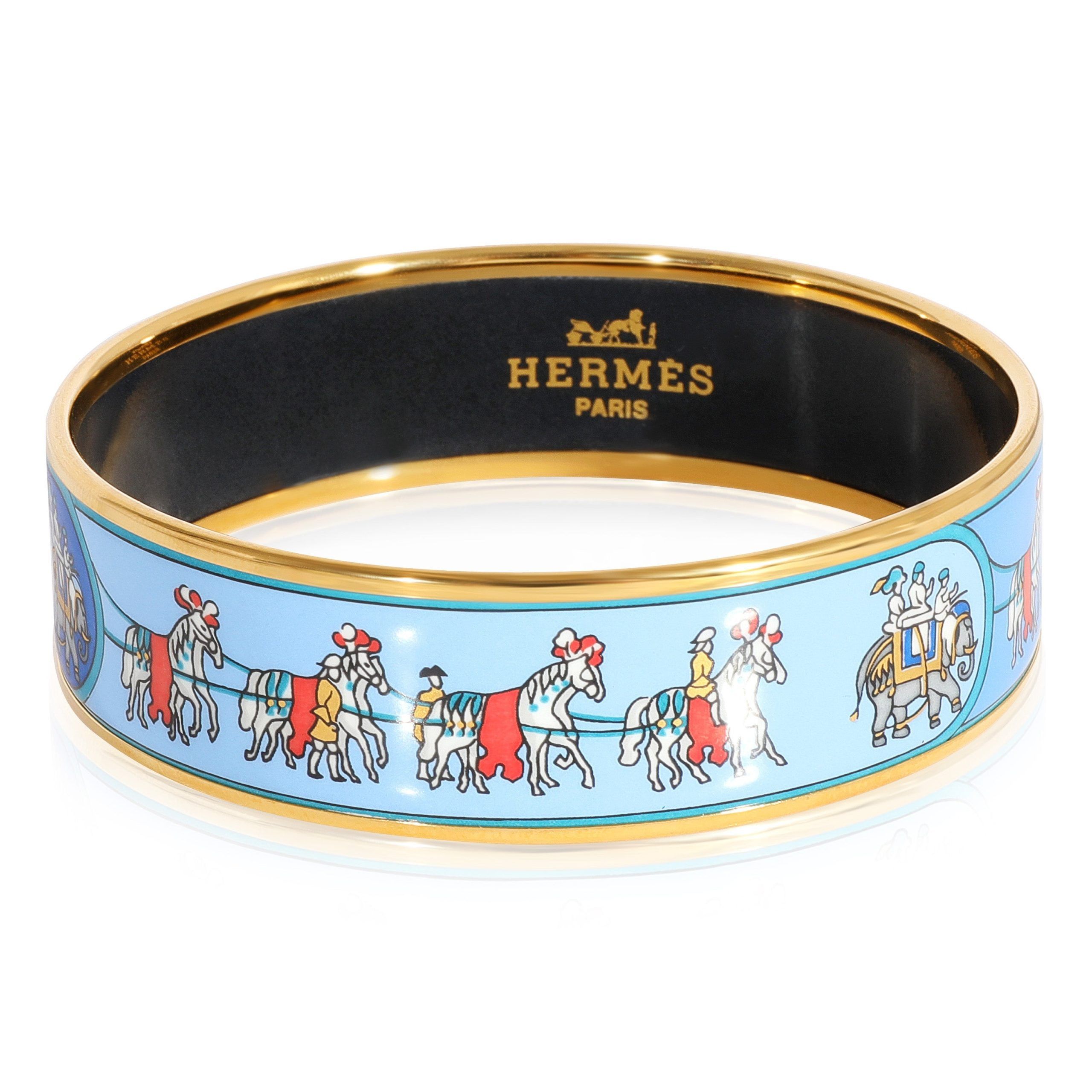 image of Hermes Wide Plated Enamel Bracelet With Horses & Elephant in Yellow, Women's
