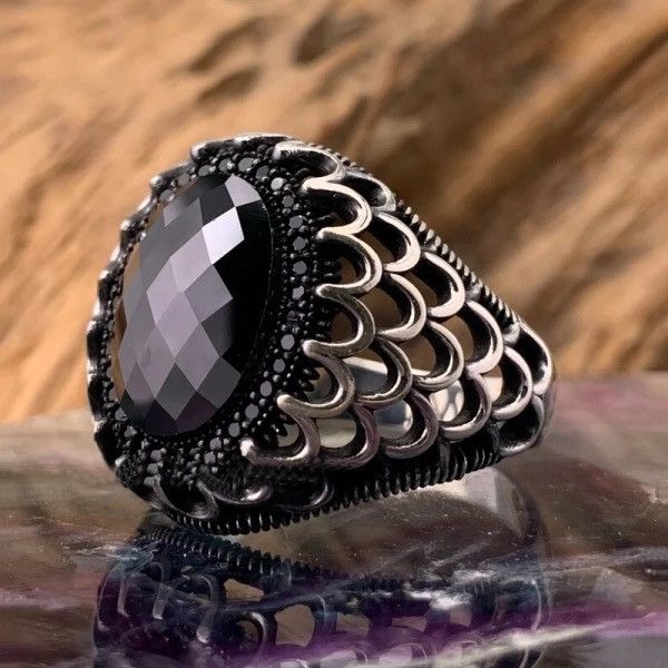 Jewelry Hollow Out Black Faceted Oval Crystal Ring Size ONE SIZE - 1 Thumbnail