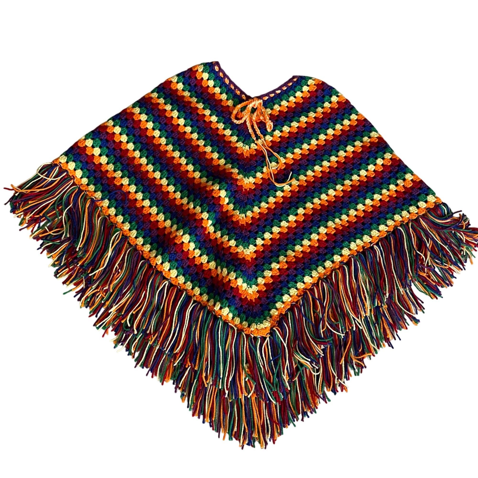 Handmade Crochet Poncho Fringed Rainbow Color Granny Square Stitch Un Size ONE SIZE - 3 Thumbnail