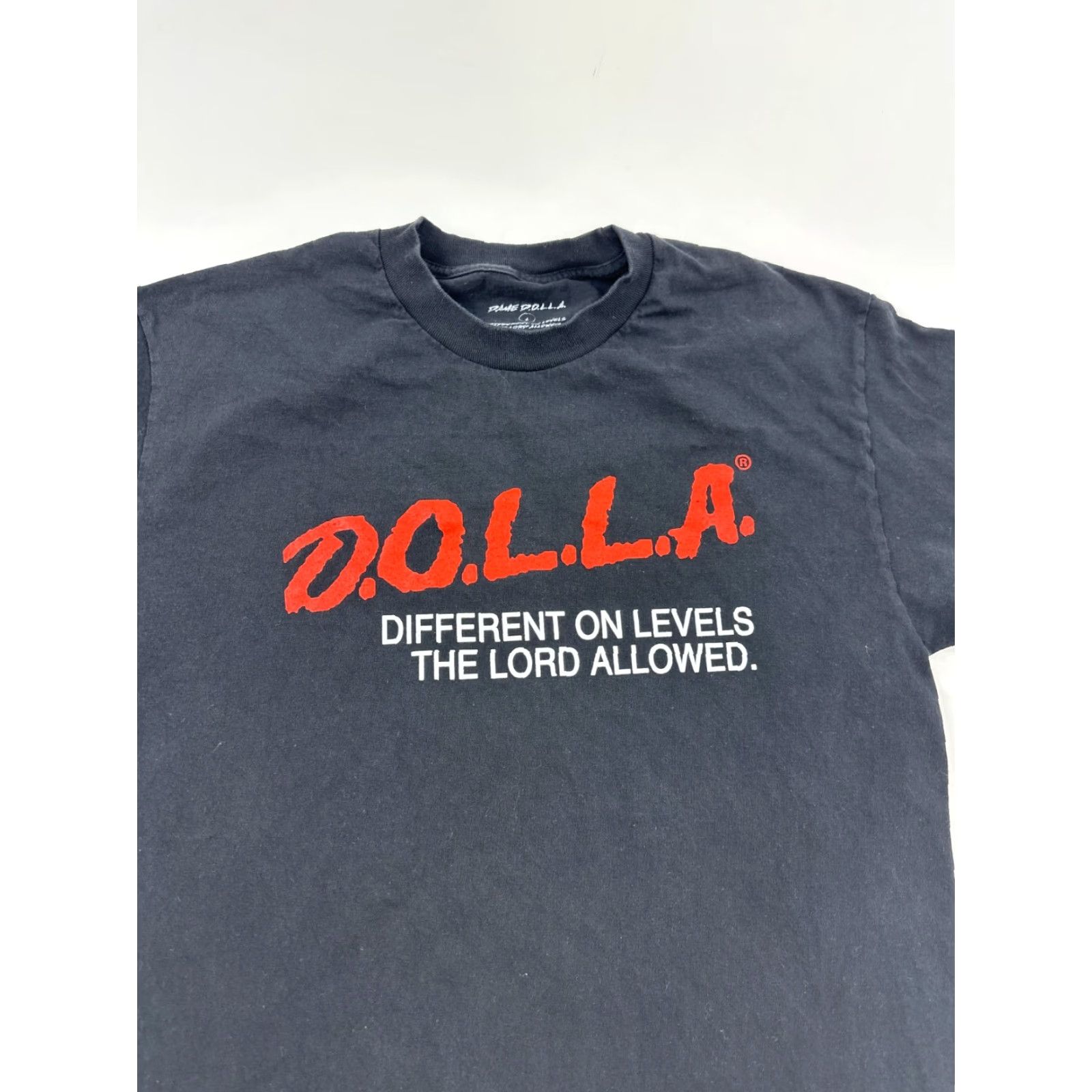 Vintage Dame Dolla T-Shirt Mens Large Black Solid Outdoor Crew Neck Short Sleeve "Different On Levels The Lord Allowed" Size US L / EU 52-54 / 3 - 2 Thumbnail