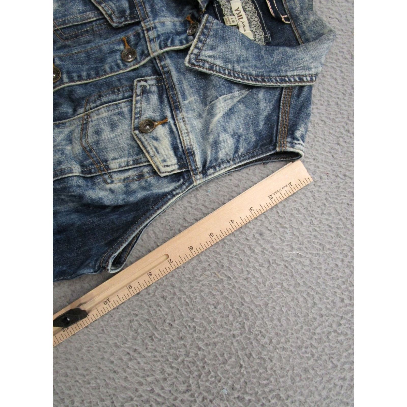 Denime YMI Denim Vest Women's Blue Jean Sleeveless Acid Wash Biker Trucker Junior SZ L Denim Vest Dressy Casual Womens 80s 90s style Size 36" / US 14 / IT 50 - 7 Thumbnail