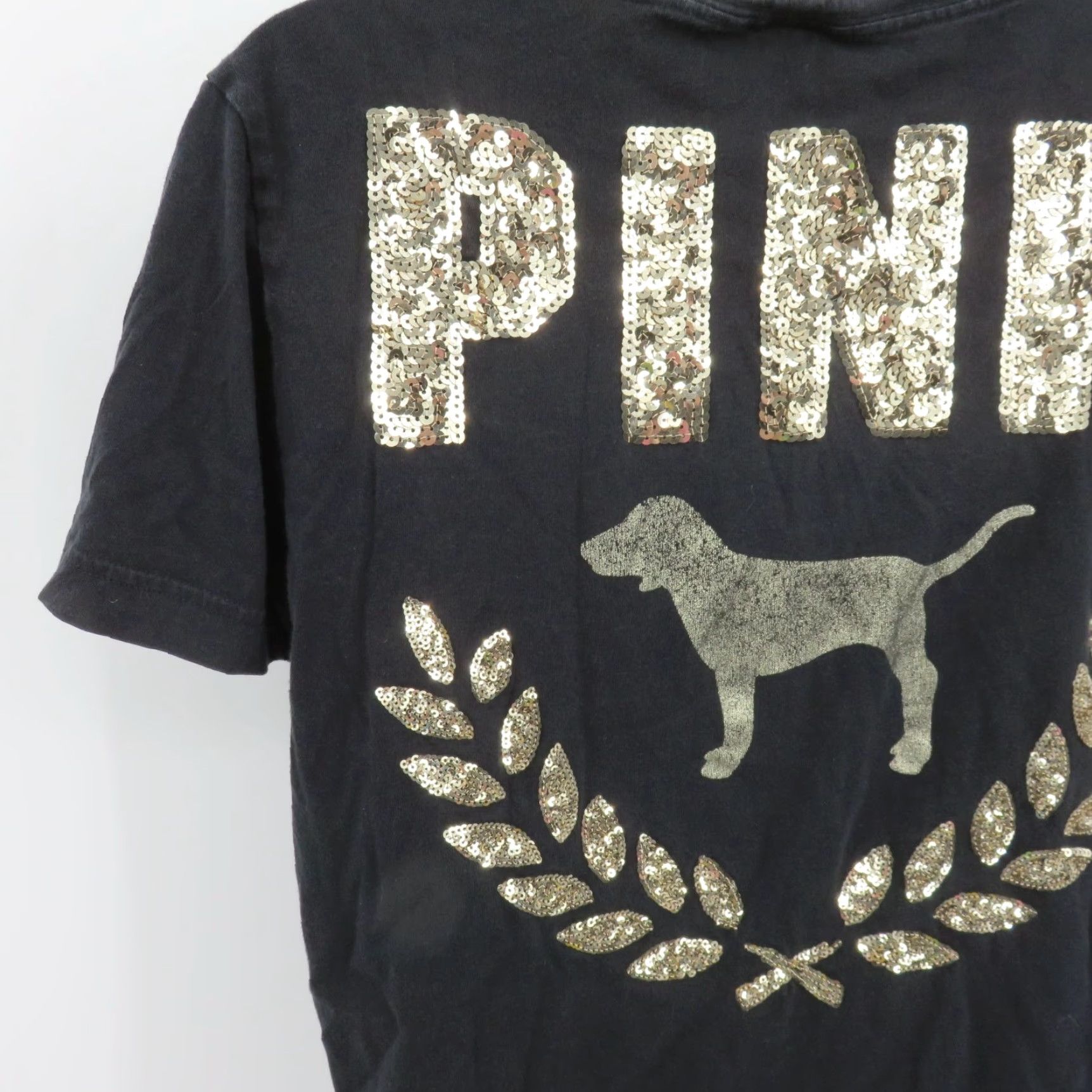Victoria's Secret Victoria's Secret PINK Women Small Black Gold Sequin Dog Logo Tee T Shirt Top Size S / US 4 / IT 40 - 6 Thumbnail