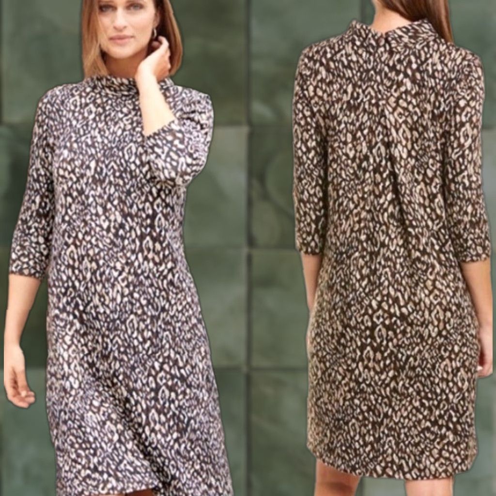 J.McLaughlin J. McLaughlin Sheila Sweater Dress Mock Neck Animal Print Knee Length Women M Brown Multicolor Stretch Knit Shirt Dress Women Size M / US 6-8 / IT 42-44 - 1 Thumbnail