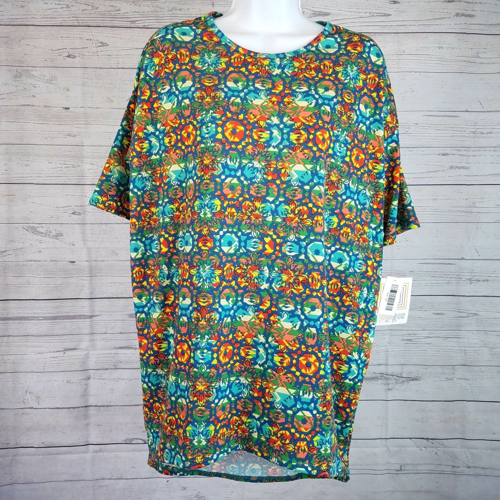 Vintage LuLaRoe Irma Top XS Womens Teal Red Geometric Print T-Shirt Short Sleeve Size XS / US 0-2 / IT 36-38 - 2 Thumbnail